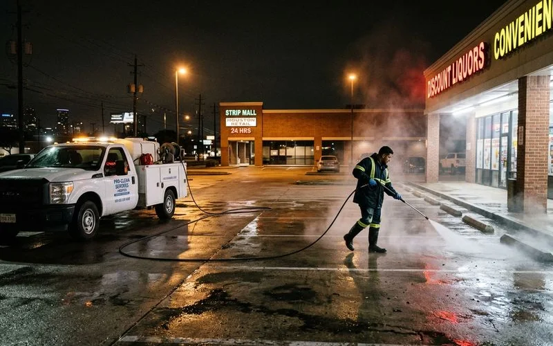 Commercial parking lot being pressure washed at night during after-hours cleaning service