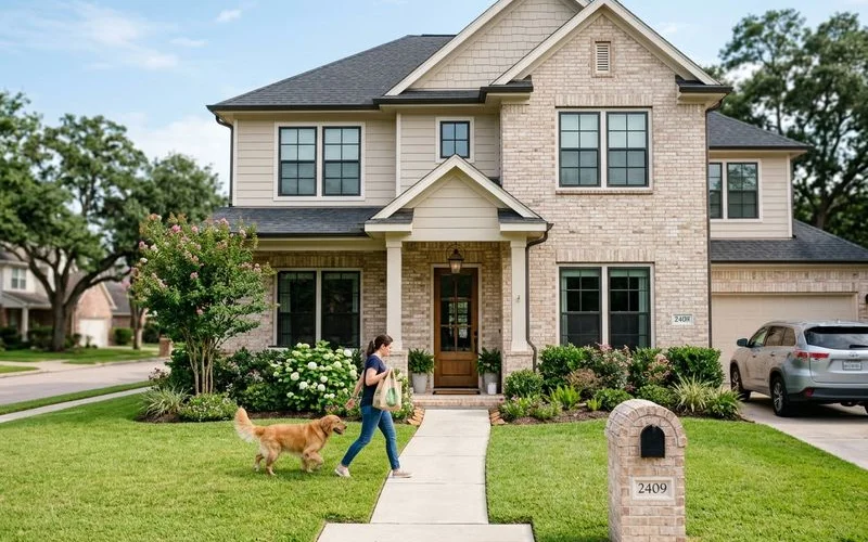 Beautiful clean Houston home exterior with manicured landscaping showing excellent curb appeal