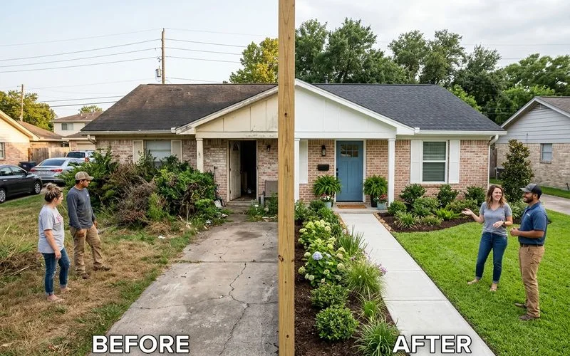 Before and after comparison of Houston home showing curb appeal transformation after cleaning