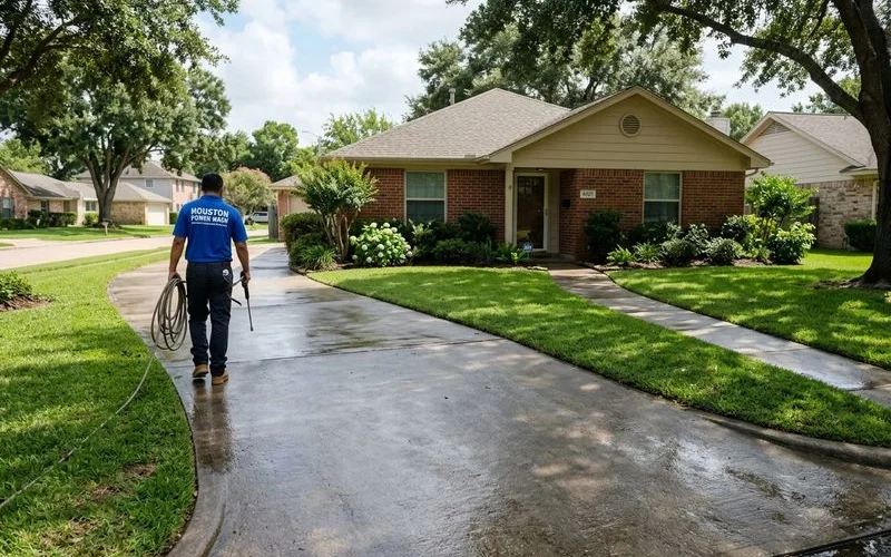 Clean concrete walkway and driveway after professional pressure washing service in Houston neighborhood