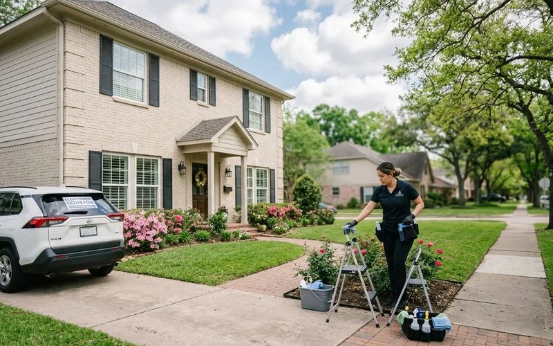 Clean Houston home exterior in beautiful spring weather after professional exterior cleaning service