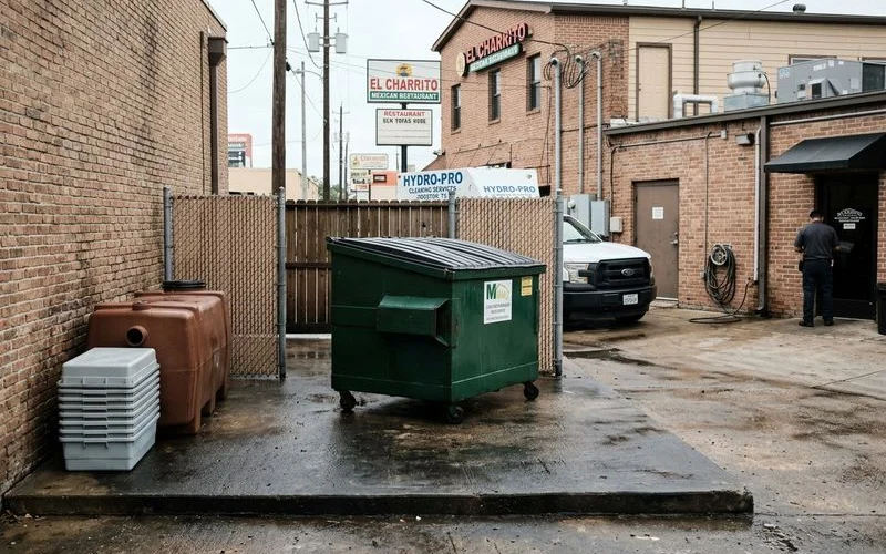 Clean restaurant dumpster enclosure area after professional hot water degreasing treatment