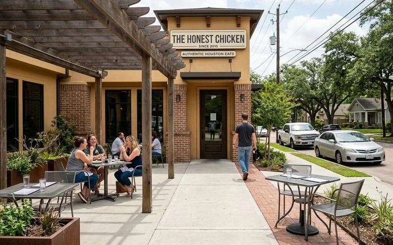 Clean inviting restaurant exterior entrance with maintained walkway and outdoor seating area