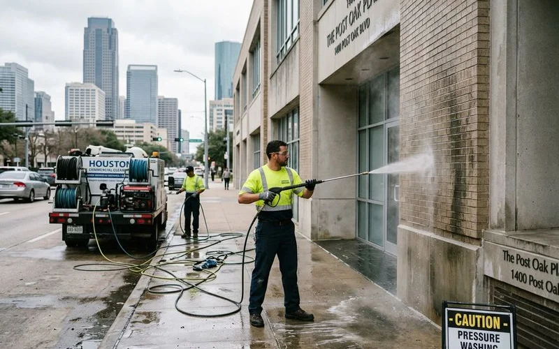 Commercial building exterior being cleaned by professional power washing crew in Houston Texas