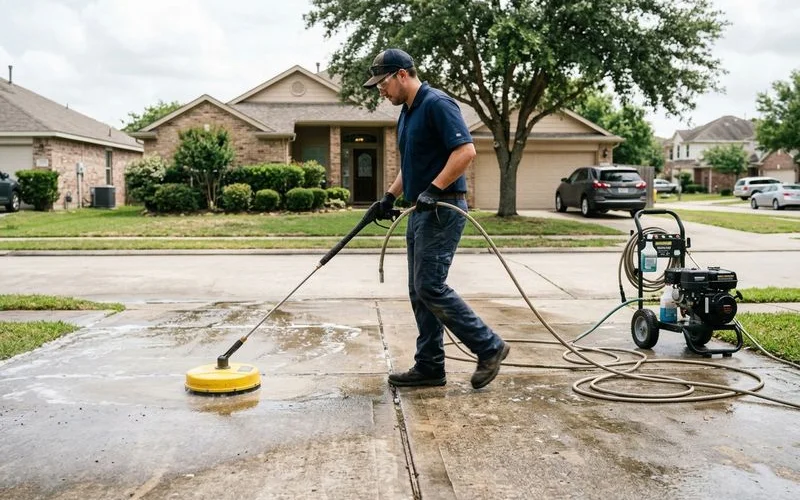 Professional concrete pressure washing service cleaning a residential driveway in Houston with surface cleaner