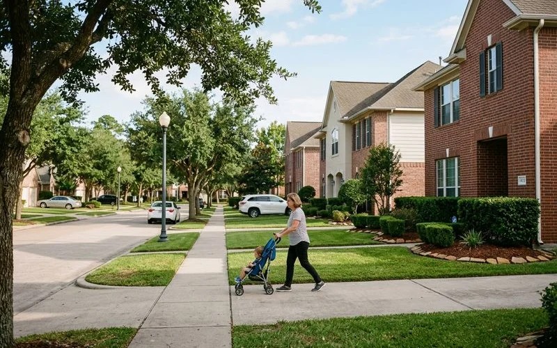 Houston neighborhood showing well-maintained homes meeting HOA exterior standards