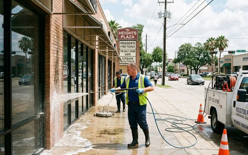 Professional commercial exterior cleaning crew working on Houston retail property building