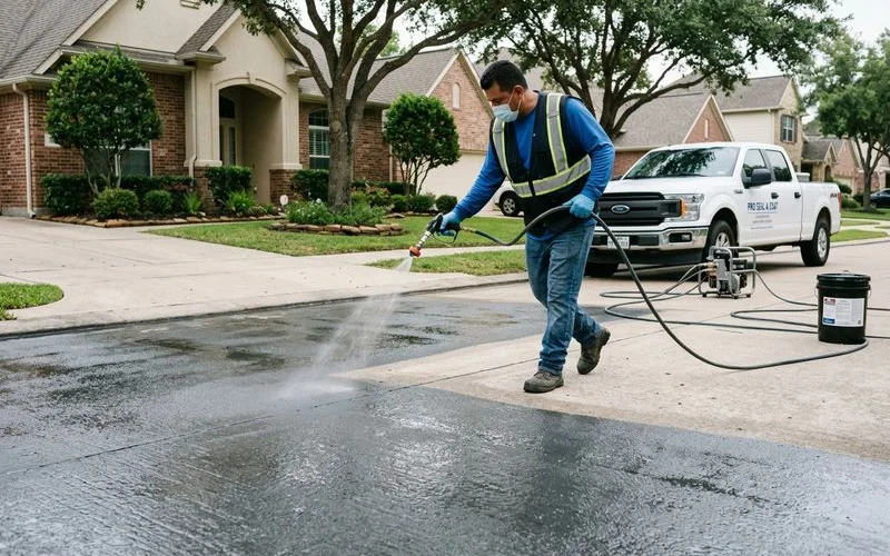 Professional concrete sealing application on residential driveway showing even protective coverage