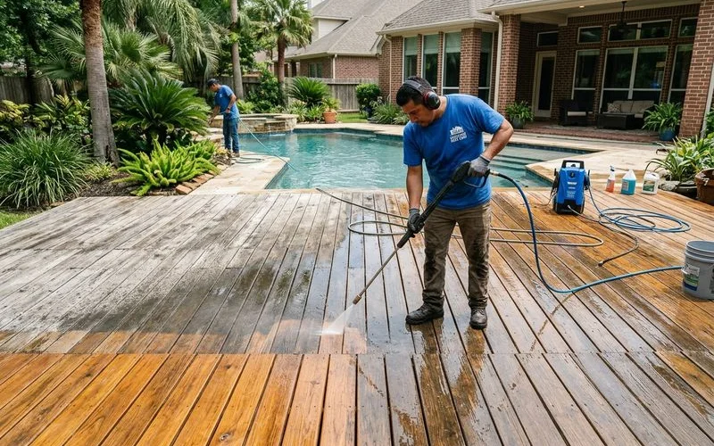 Professional deck cleaning service restoring weathered wood deck to original natural color