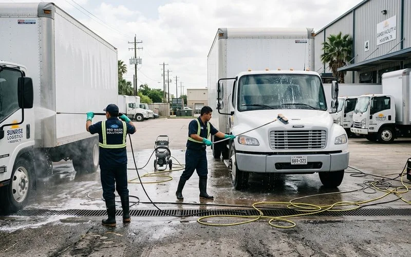 Professional fleet washing service cleaning row of commercial delivery trucks at Houston depot