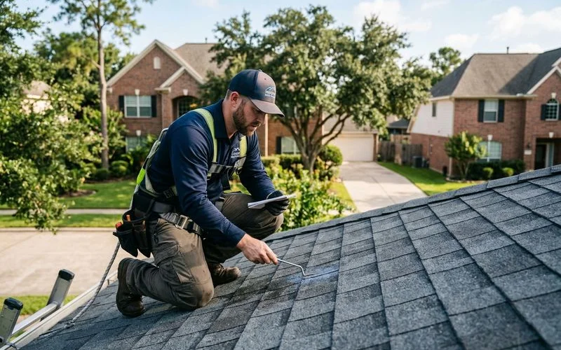 Professional inspecting clean roof after soft wash treatment checking for wear and damage