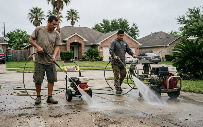 Comparison of rental pressure washer equipment versus professional commercial cleaning setup