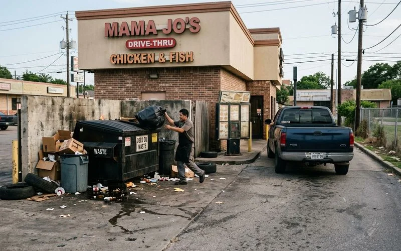 Restaurant exterior with highlighted problem areas including dumpster pad and drive-through lane