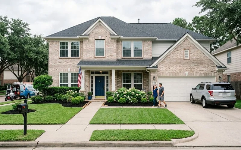 Stunning Houston home exterior after complete pre-sale cleaning package showing maximum curb appeal