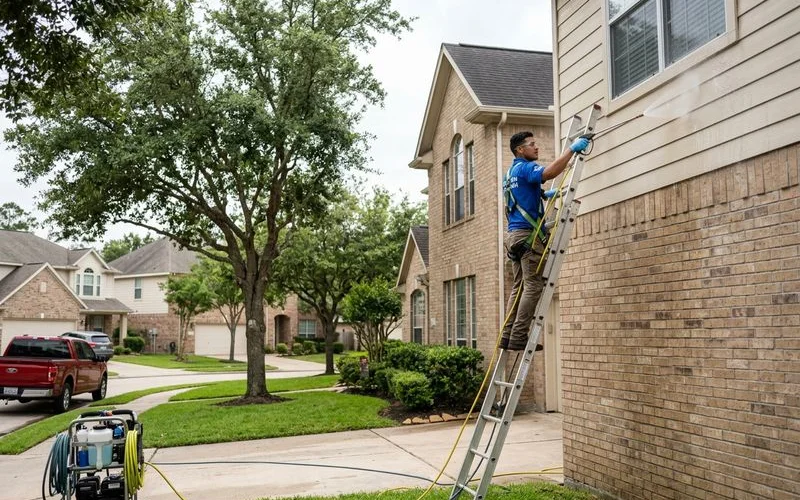 Technician applying soft wash solution to a two-story home exterior with visible mold and algae growth