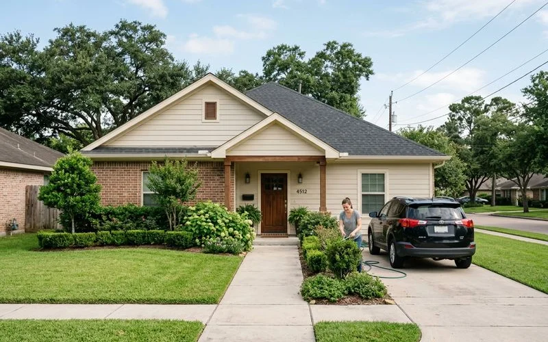 Well-maintained Houston home exterior with clean siding and landscaping showing regular maintenance results