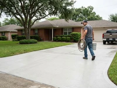 Clean concrete driveway after pressure washing